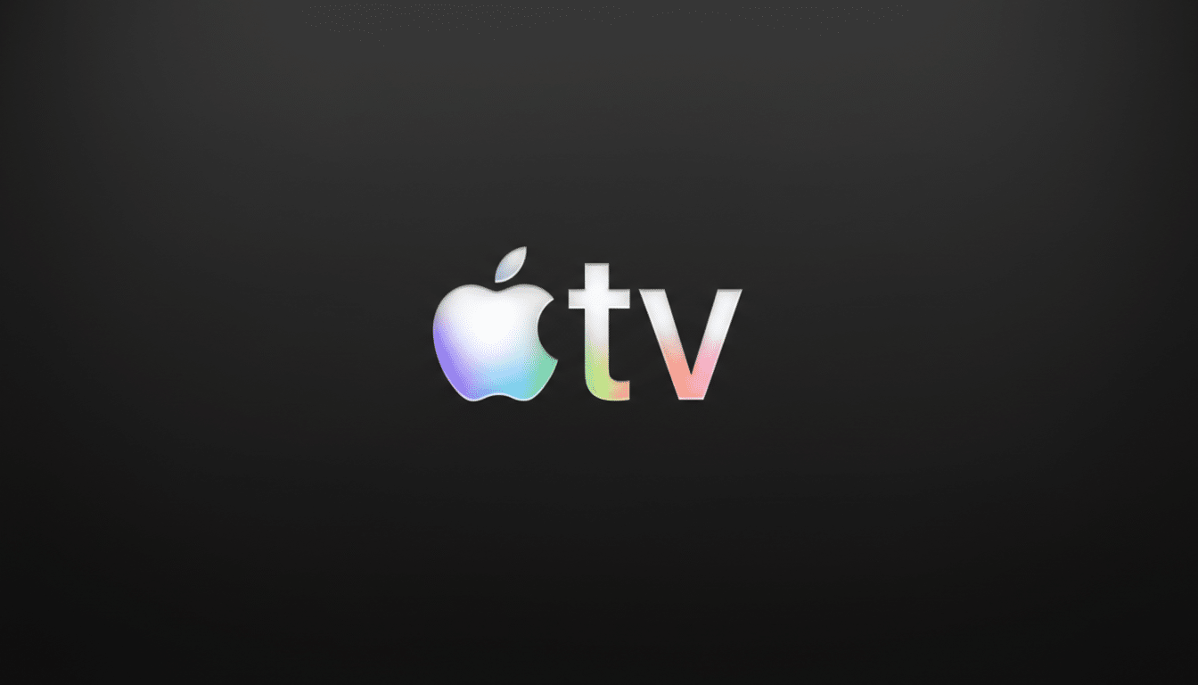The Apple TV logo, featuring a stylized apple icon with a subtle rainbow gradient and the letters tv in a similar gradient, centered on a dark gray background.