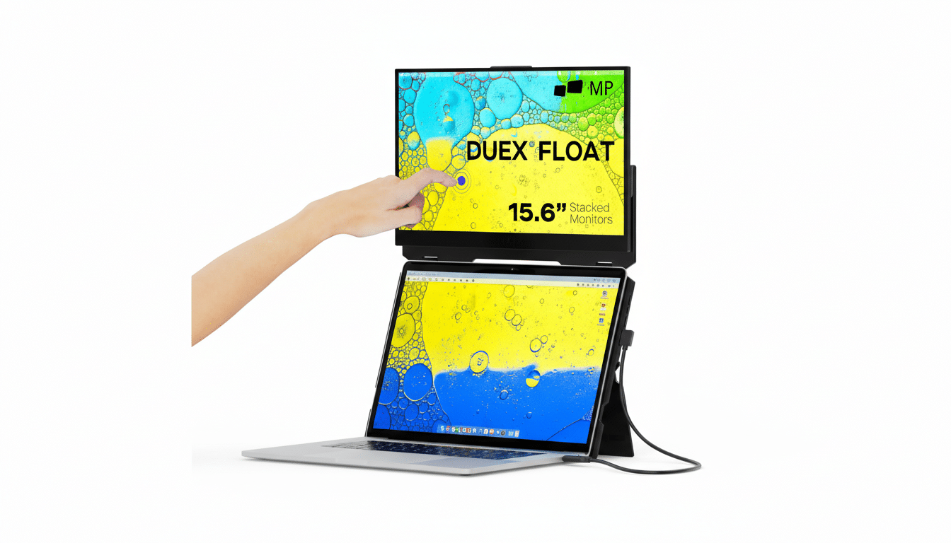 A hand interacting with a portable stacked monitor setup, displaying DUE X FLOAT 15.6 Stacked Monitors on a white background.
