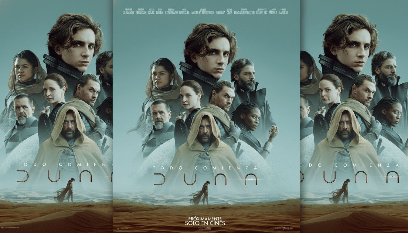 The movie poster for Dune, featuring the main cast, resized to a 16:9 aspect ratio.