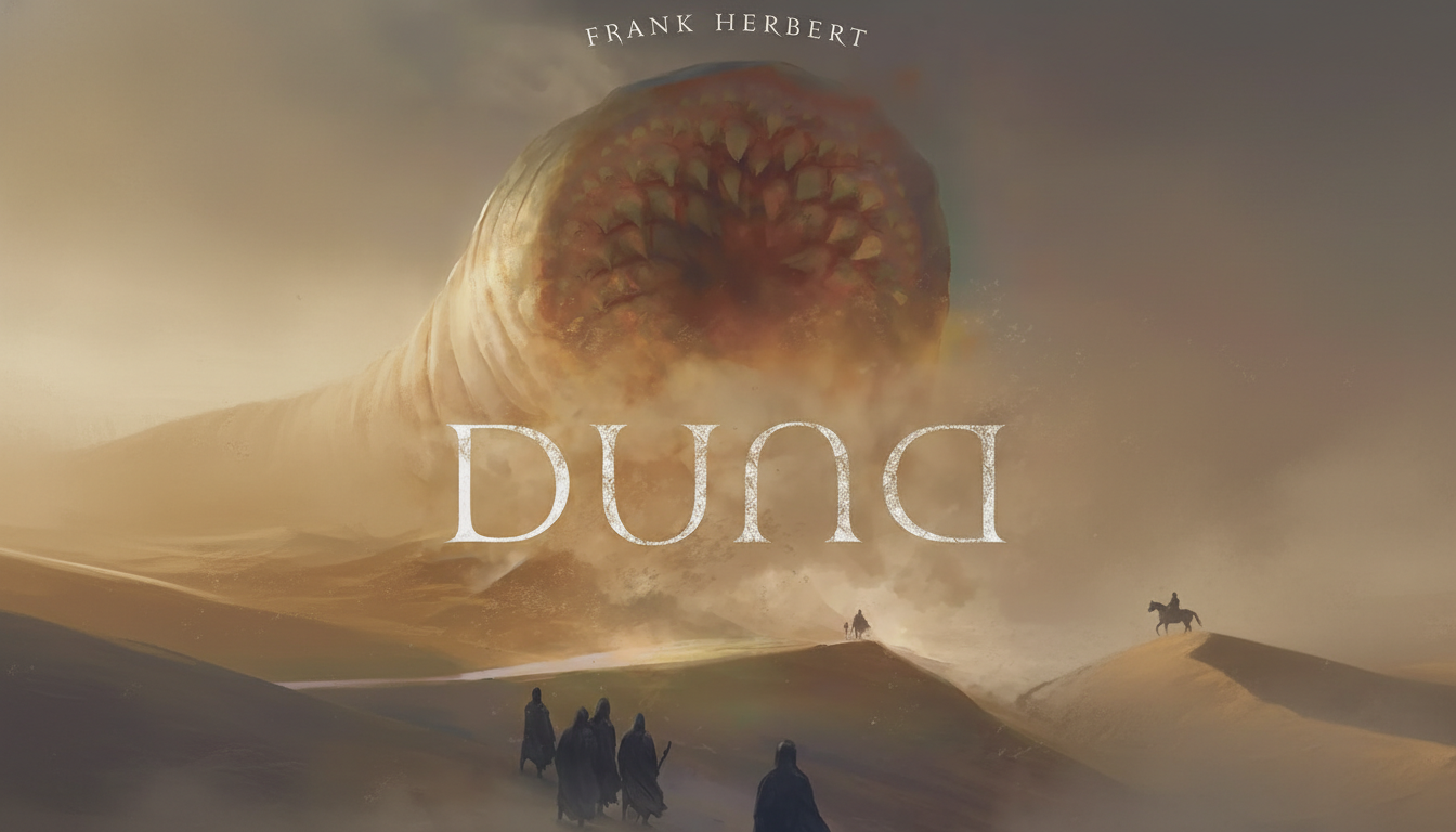 The cover of Frank Herberts Duna (Dune), featuring a colossal sandworm emerging from the desert, with several figures walking across a dune in the foreground and a lone rider on horseback in the middle ground.