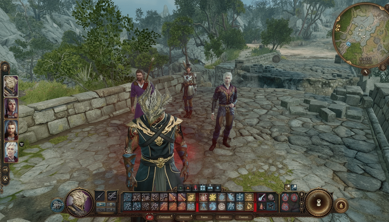 A group of four fantasy characters standing on a stone path in a lush, green outdoor environment, with game UI elements visible at the bottom and top right.