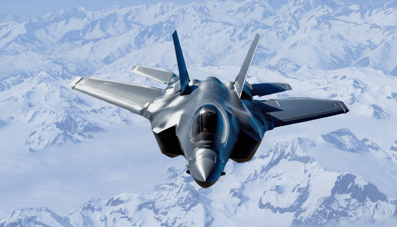 A stealth fighter jet flying over snow-capped mountains.