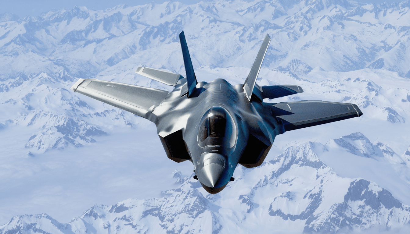 A stealth fighter jet flying over snow-capped mountains.