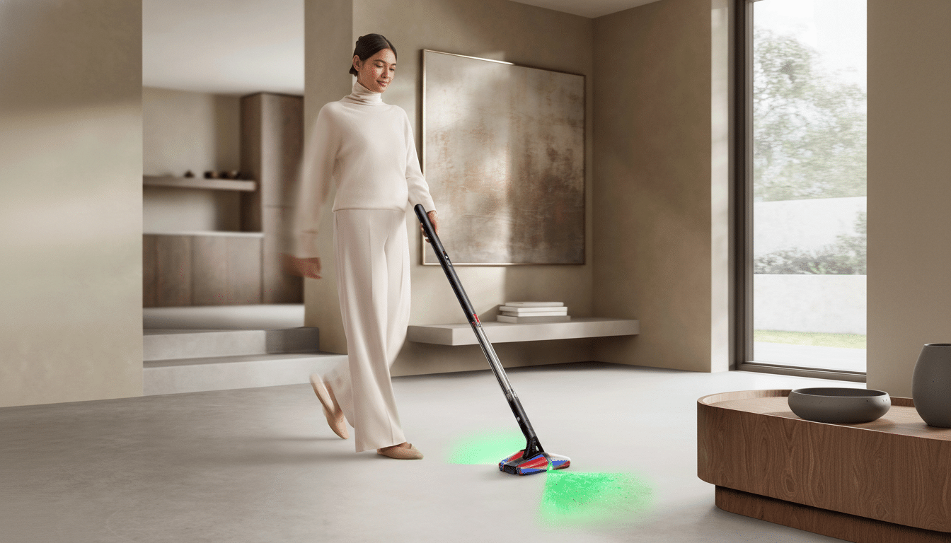 A woman in a cream-colored outfit vacuums a modern living room with a vacuum cleaner that illuminates the floor with green light.