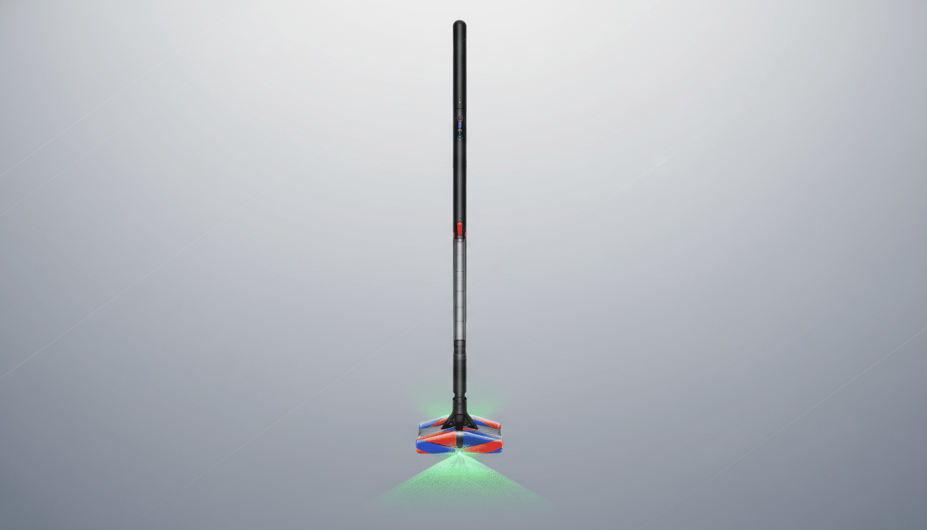 A sleek, dark grey stick vacuum cleaner with a colorful brush head that emits a green light beam, set against a professional light grey background with subtle diagonal patterns.