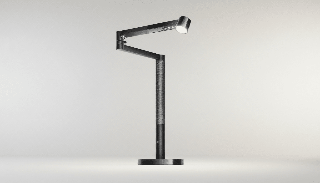 A sleek, modern black desk lamp with an articulated arm and a glowing light, set against a professional light gray gradient background.