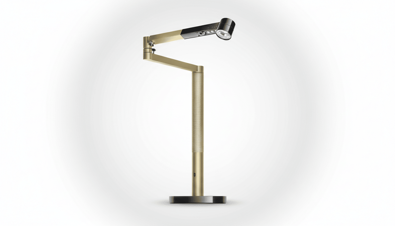A gold and black desk lamp with a textured stem and an adjustable arm, set against a professional flat design background with a soft gradient.