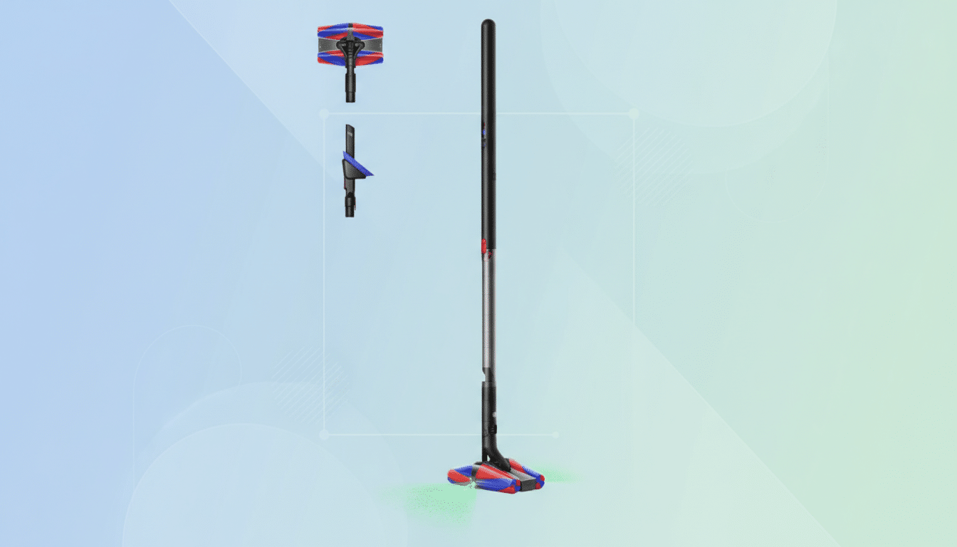 A Dyson Omni-glide vacuum cleaner with two interchangeable heads, set against a professional flat design background with soft blue and green gradients and subtle geometric patterns.