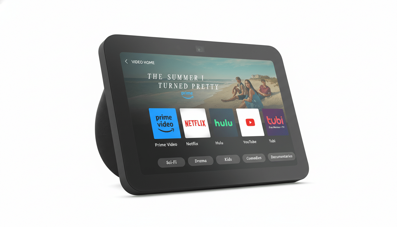 A smart display showing a video streaming interface with various app icons and a movie playing in the background.