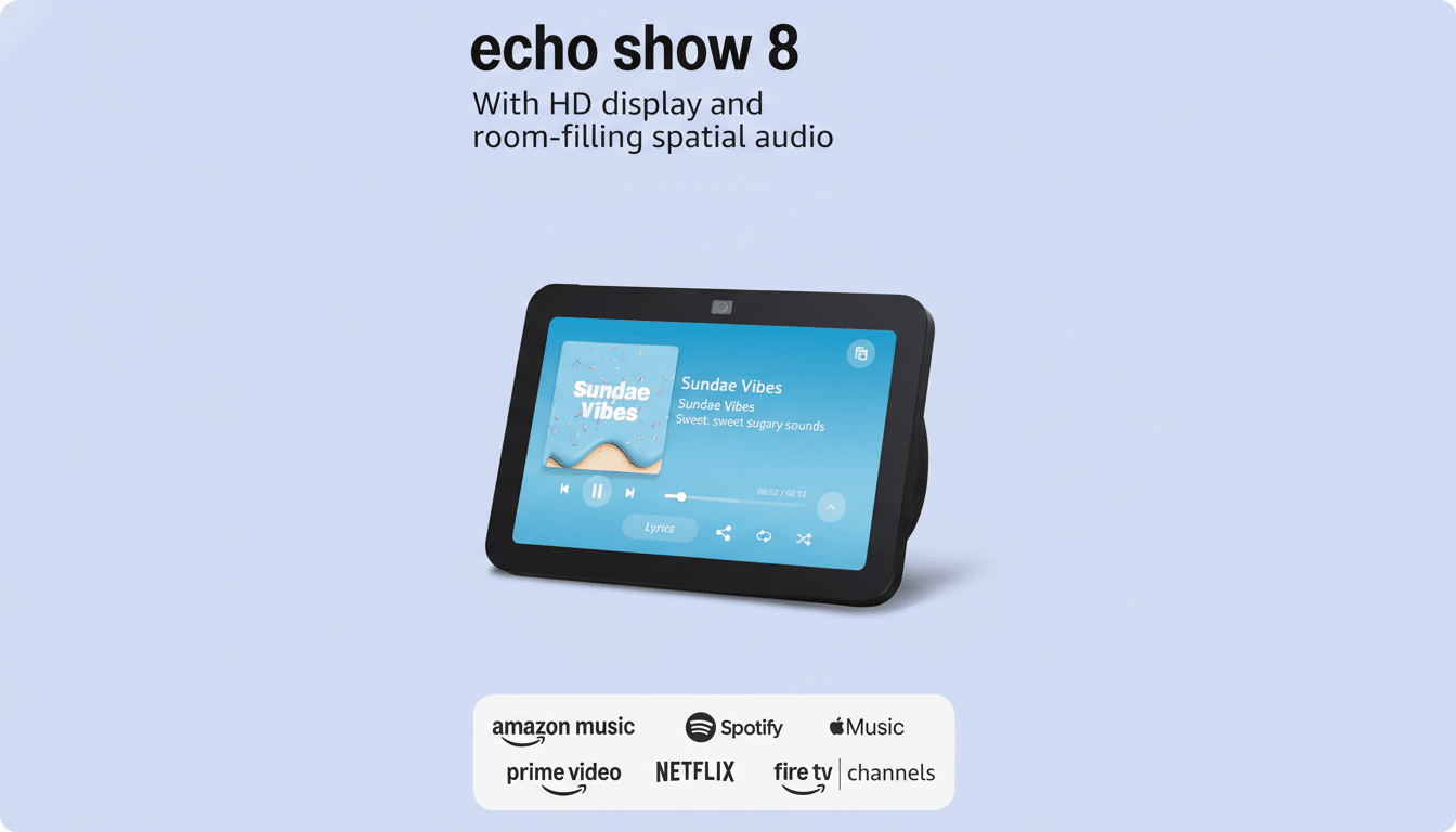 An Amazon Echo Show 8 device displaying Sundae Vibes music, with text echo show 8 With HD display and room-filling spatial audio above it, and logos for Amazon Music, Spotify, Apple Music, Prime Video, Netflix, Fire TV, and Channels below, all on a light blue background.