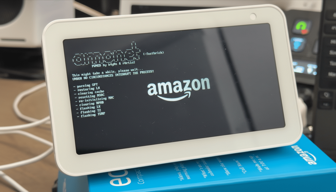 A white Amazon Echo Show device displaying a boot screen with the Amazon logo and technical text.