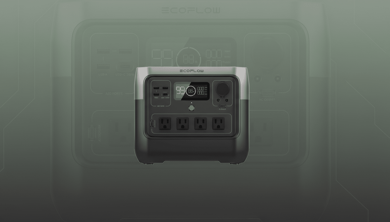 A professional, enhanced image of an Ecoflow portable power station, resized to a 16:9 aspect ratio. The power station is centered against a subtle, dark green gradient background with a faint, ghosted outline of the device in the background. The device itself is unchanged, showcasing its display, USB ports, AC outlets, and control knob.