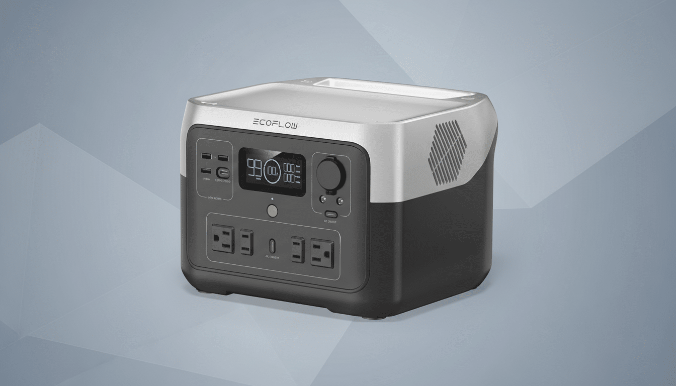 A professional, enhanced image of an Ecoflow portable power station, resized to a 16:9 aspect ratio, set against a clean, soft gray gradient background.