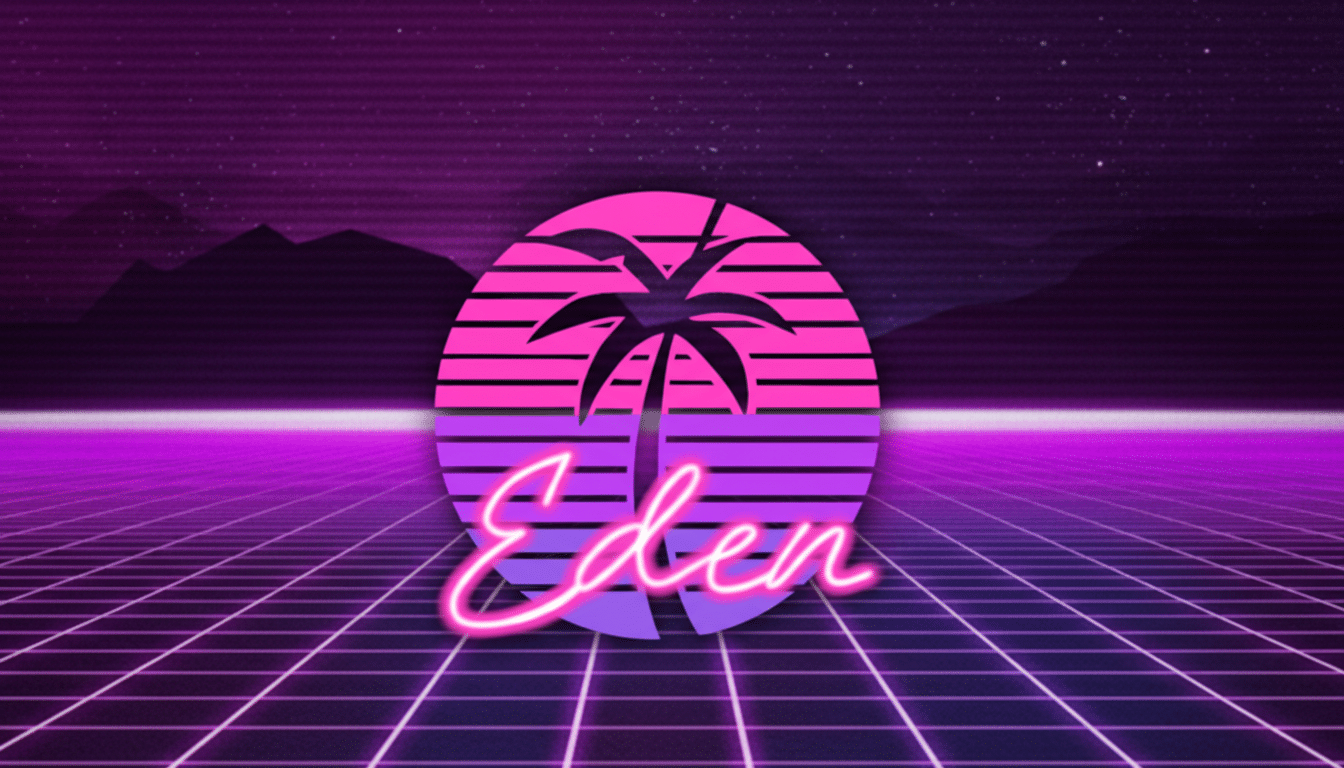 The Eden logo, featuring a palm tree silhouette within a pink and purple circle, set against a retro-futuristic grid background with mountains and stars, resized to a 16:9 aspect ratio.