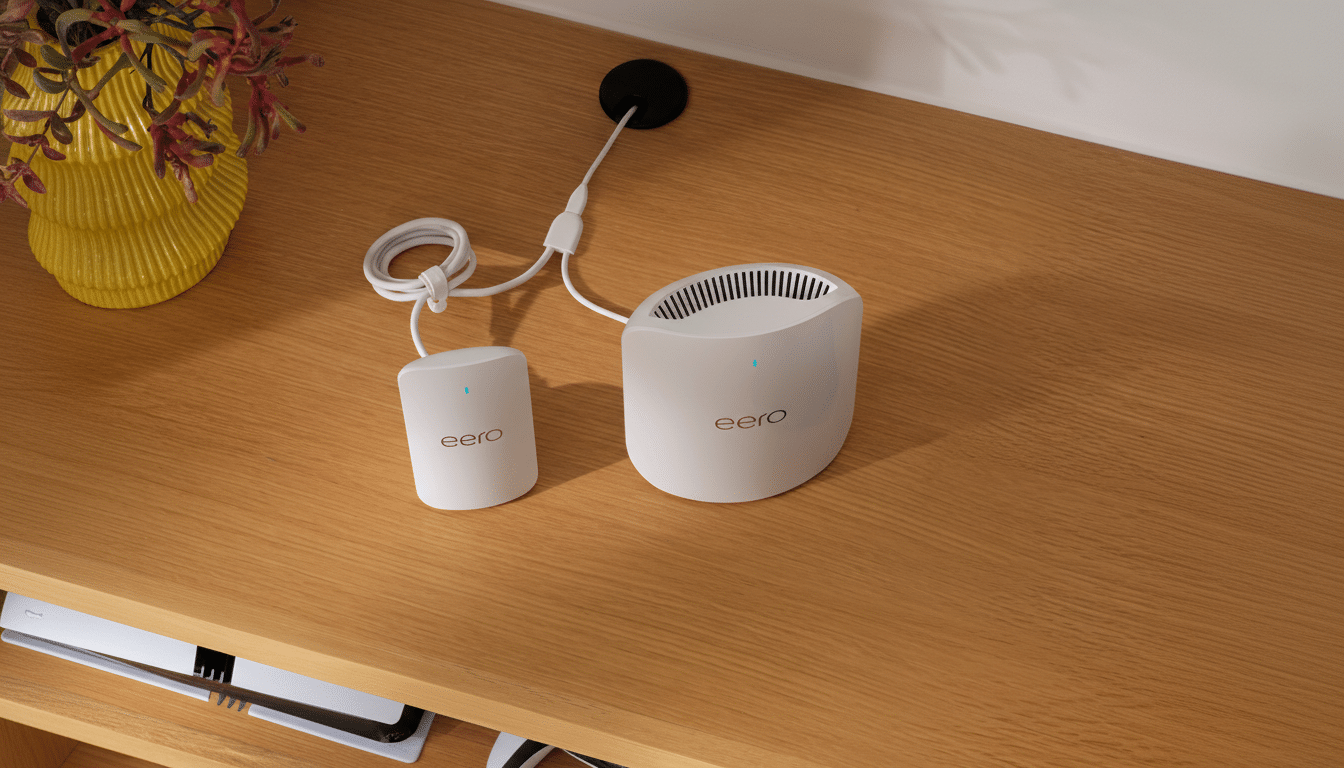 An Eero Wi-Fi system, consisting of a larger main unit and a smaller satellite unit, sits on a wooden surface.