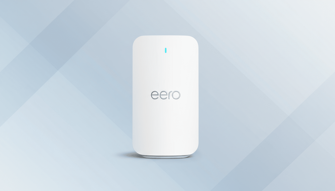 A white Eero mesh Wi-Fi device with a blue indicator light, presented on a professional light blue background with subtle geometric patterns.