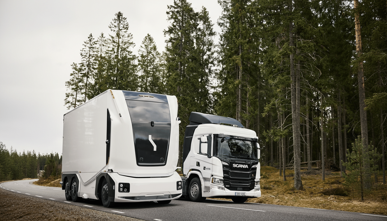 Two white trucks, one autonomous and one Scania, parked on a road with a forest in the background.