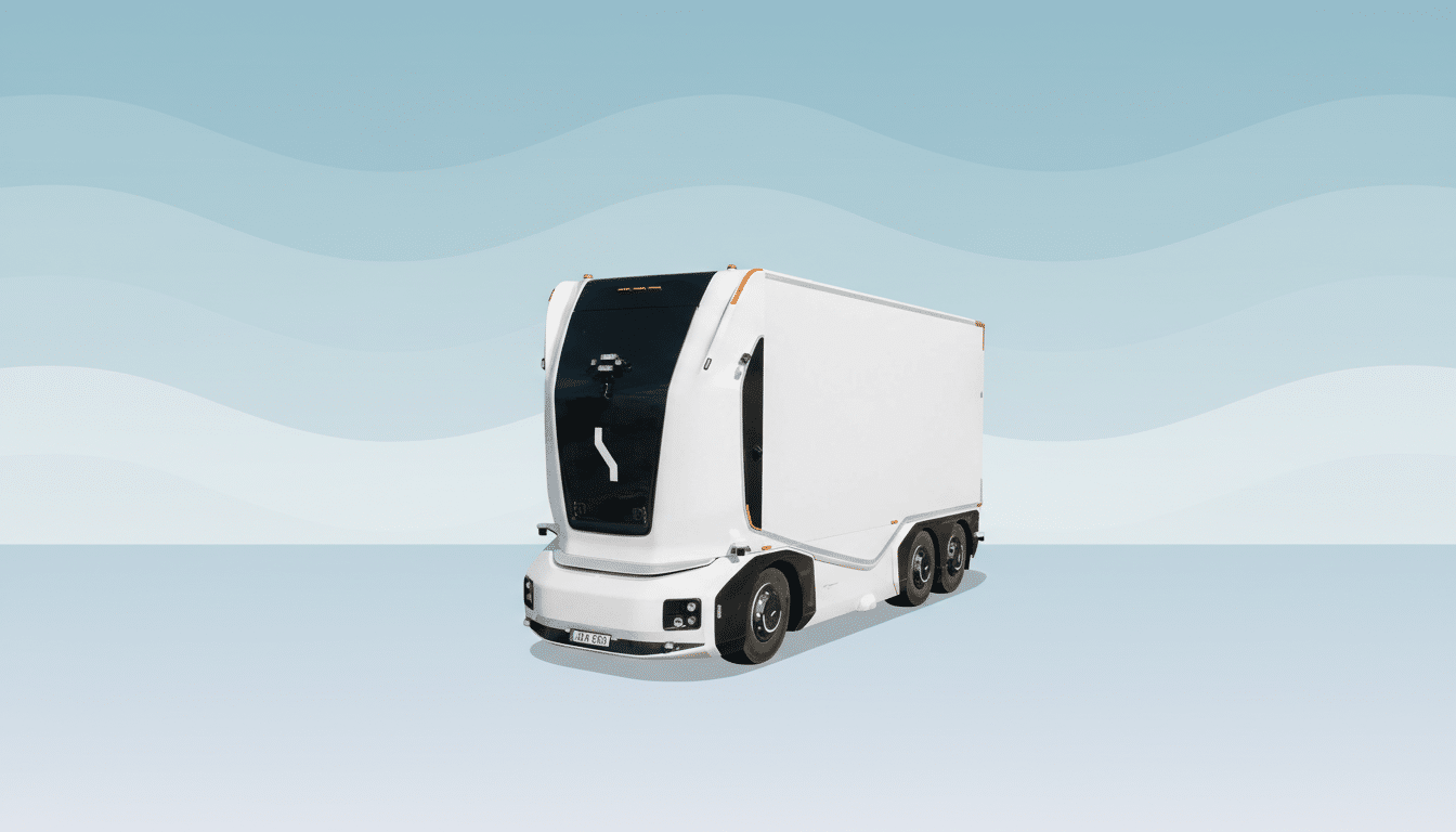 A white, autonomous electric truck with a sleek, modern design is shown against a professional flat design background with soft blue and white wave patterns.