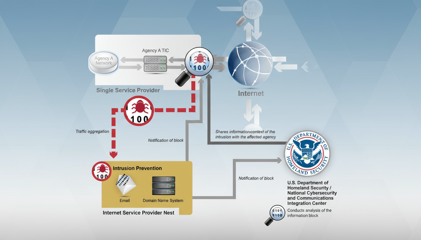 A diagram illustrating the flow of information and actions taken during an internet intrusion, involving an Agency A Network, a Single Service Provider, an Internet Service Provider Nest, the Internet, and the U.S. Department of Homeland Security / National Cybersecurity and Communications Integration Center.
