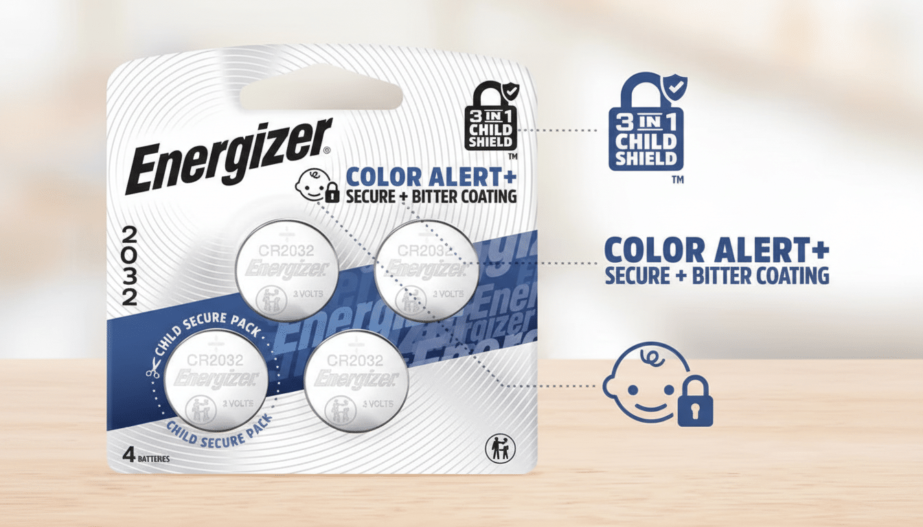 A 16:9 aspect ratio image of an Energizer 2032 4-pack of child-secure button cell batteries, featuring COLOR ALERT+ SECURE + BITTER COATING and 3 IN 1 CHILD SHIELD branding, with the original background.
