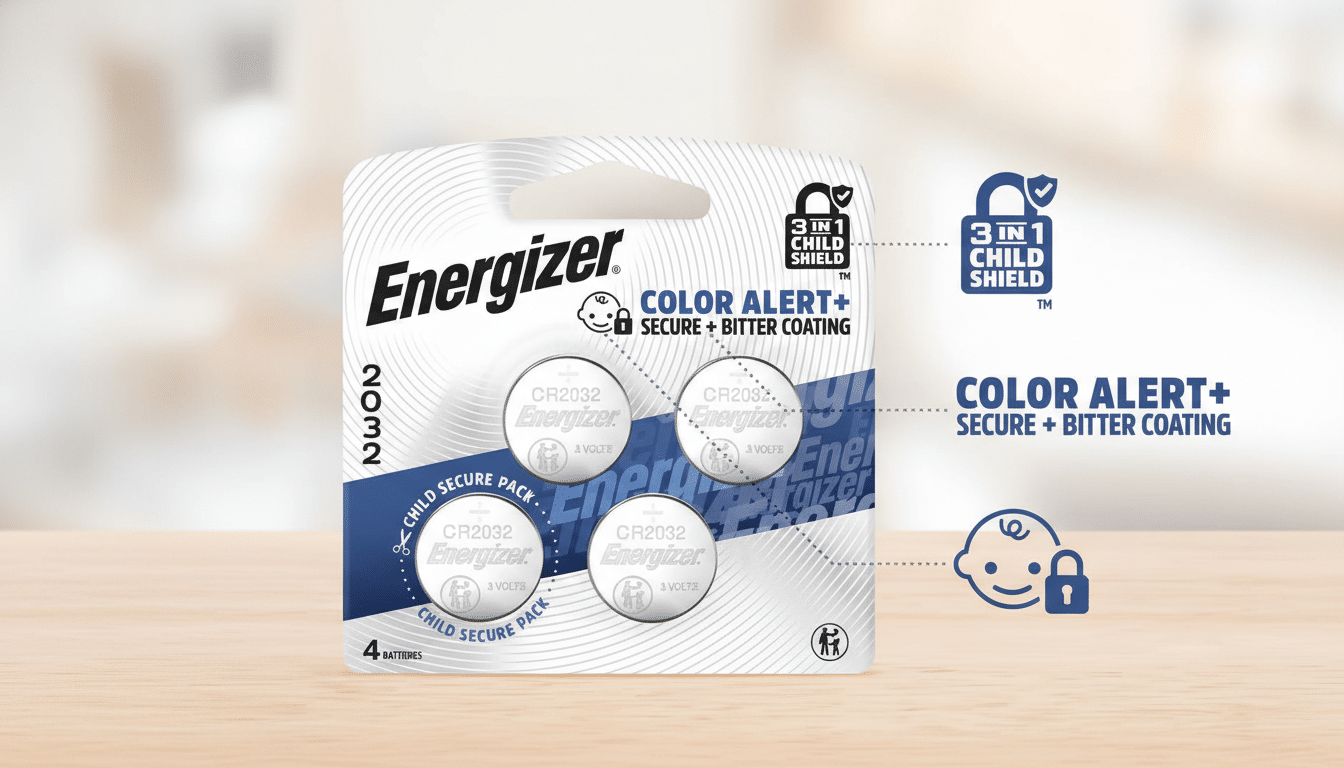 A 16:9 aspect ratio image of an Energizer 2032 4-pack of batteries with 3 in 1 Child Shield and Color Alert+ Secure + Bitter Coating features highlighted.