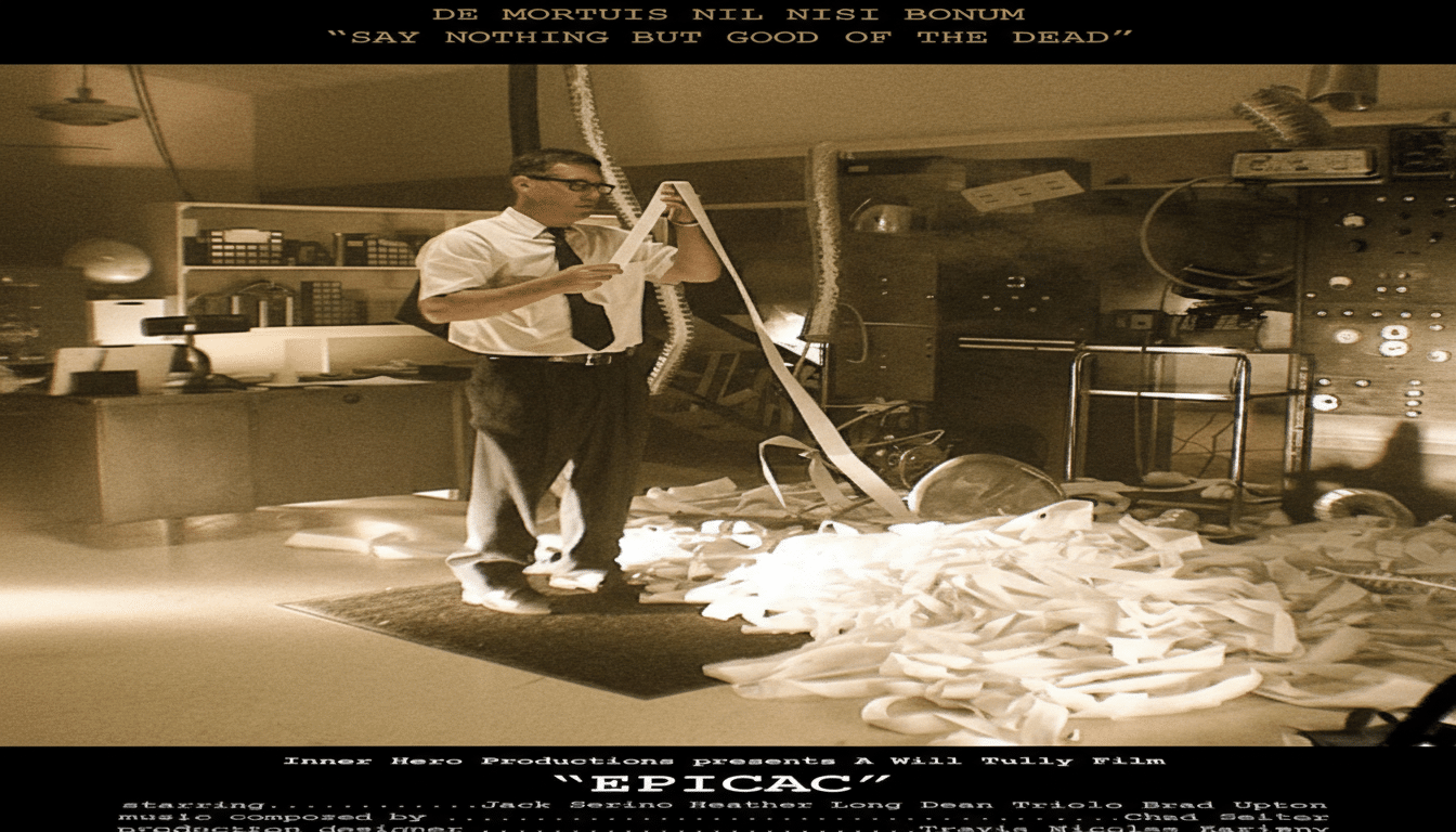 A man in a white shirt and dark tie stands in a room filled with old machinery and a large pile of paper, holding a long strip of paper. The image is a movie poster with the title EPICAC and other production details.