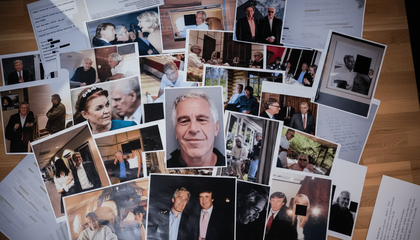 A collection of photographs and documents scattered on a wooden surface, with a central image of Jeffrey Epstein.