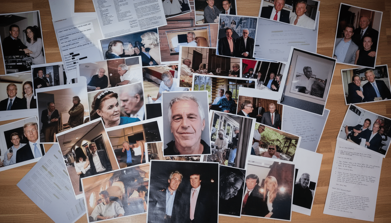 A collection of photographs and documents scattered across a wooden surface, with a central image of Jeffrey Epstein.