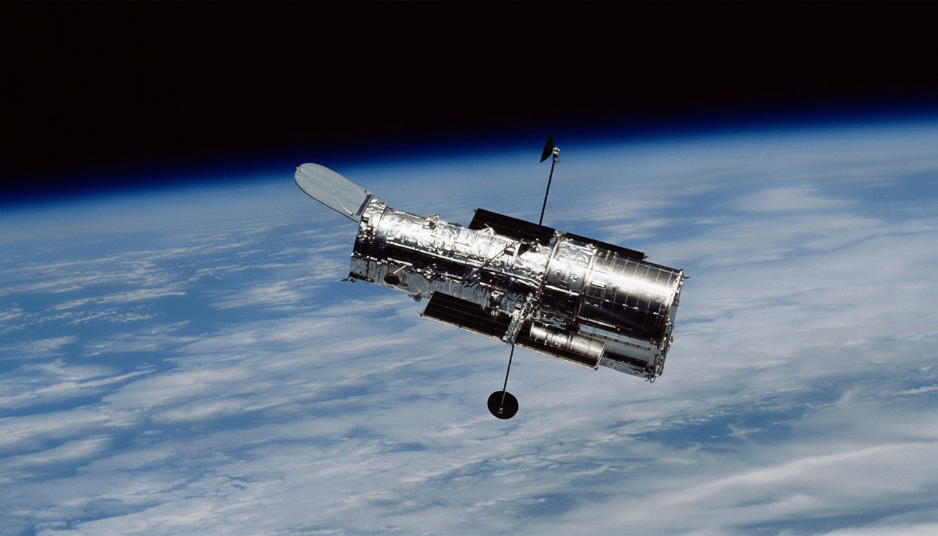 The Hubble Space Telescope orbiting above Earth, with the blue and white planet filling the lower half of the frame and the dark expanse of space above.