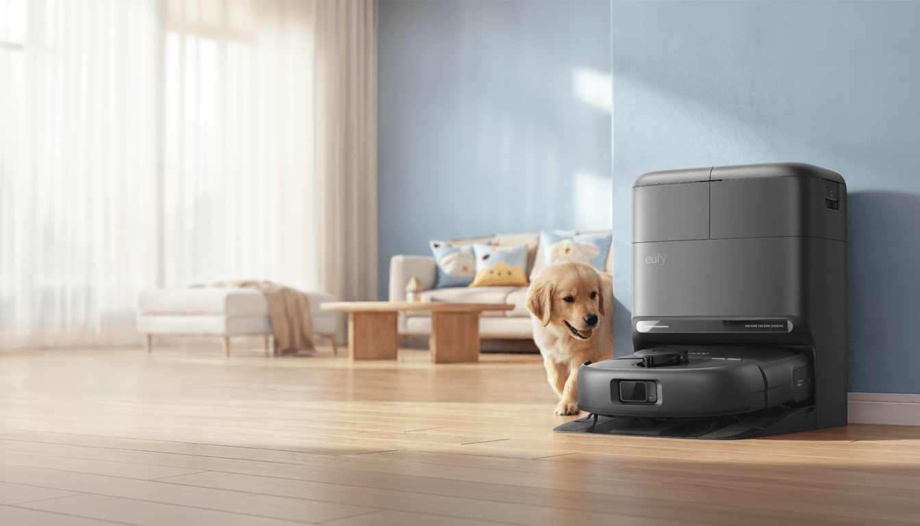 A golden retriever puppy peeking from behind a black robotic vacuum cleaner and its charging station in a modern living room.