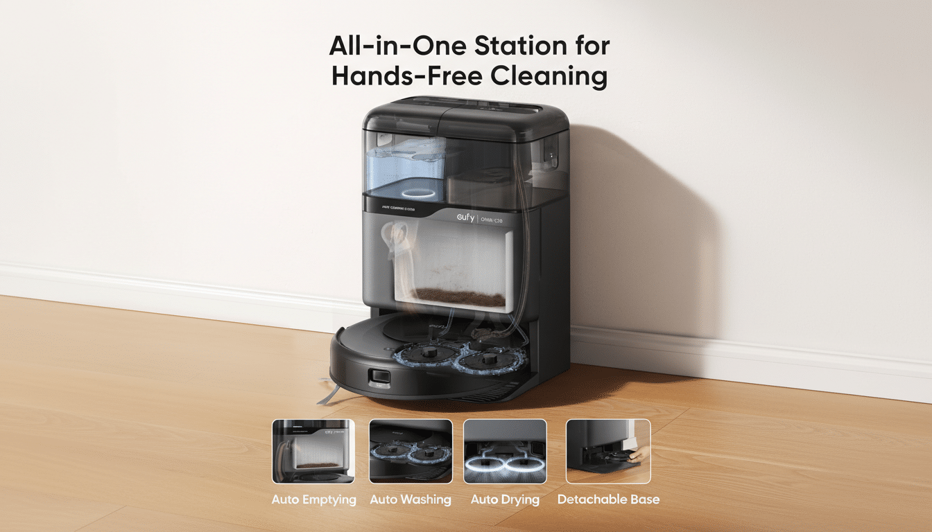 A black Eufy Omni C20 robot vacuum and its all-in-one cleaning station are displayed on a wooden floor against a white wall. Below, four smaller images illustrate features: auto emptying, auto washing, auto drying, and a detachable base.