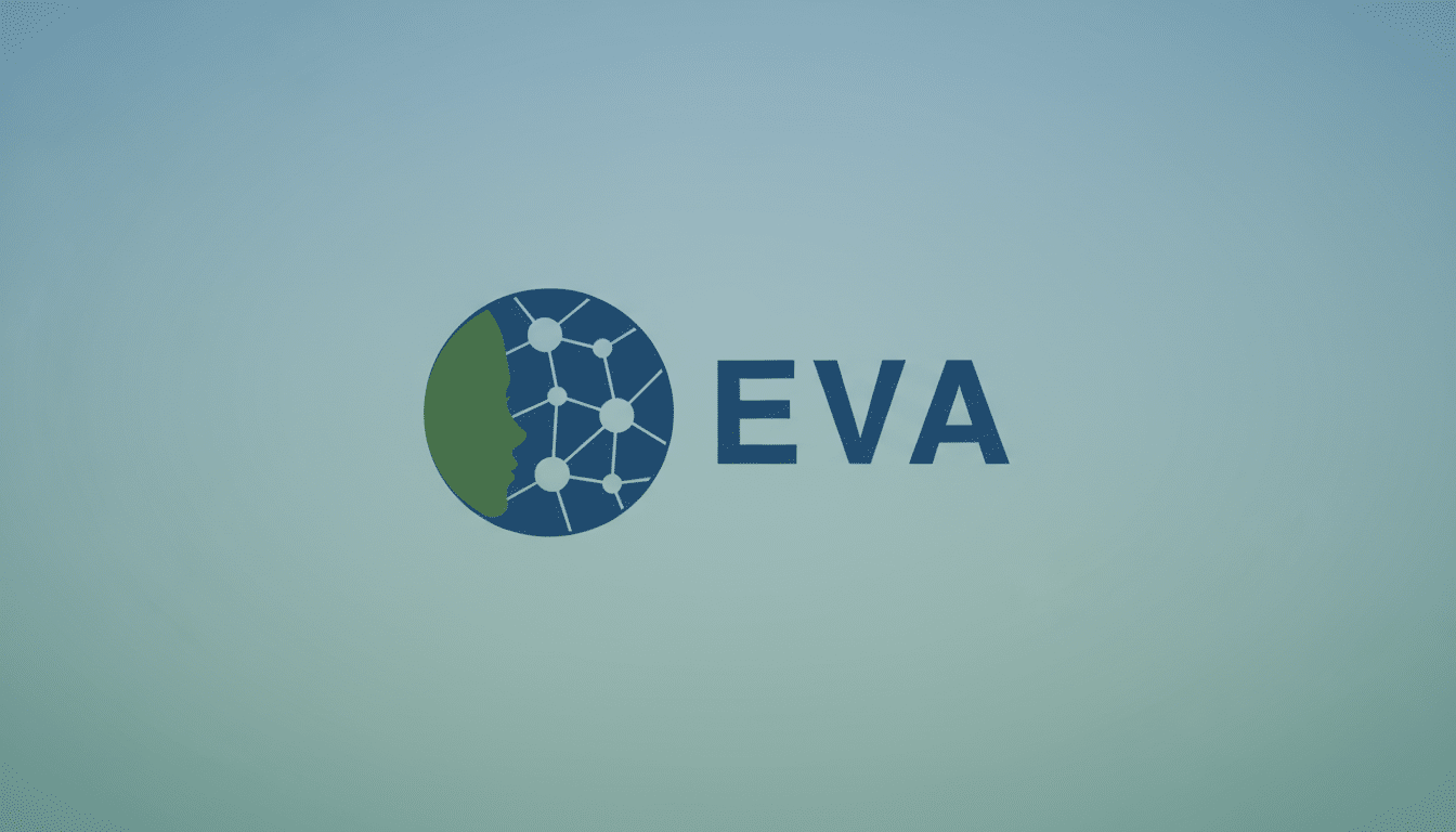 The EVA logo, featuring a stylized blue globe with a network pattern and a green silhouette of a human profile on the left, next to the word EVA in blue capital letters, all set against a professional light blue and green gradient background.