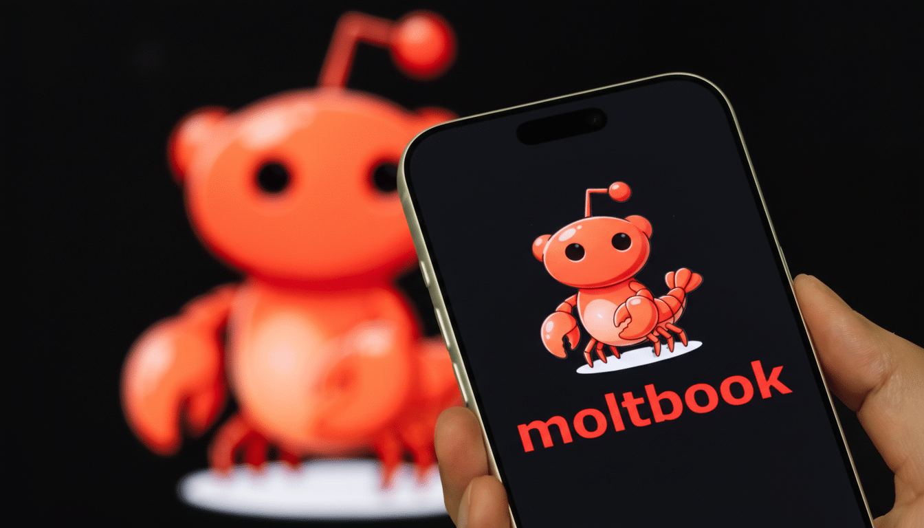A hand holding a smartphone displaying the Moltbook app logo, which features a red crab-like alien character, with a blurred background of a larger, similar figurine.