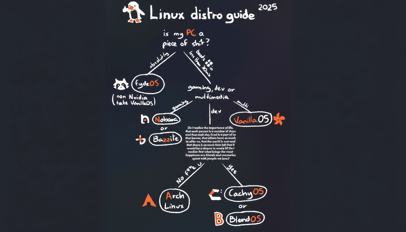 A flowchart titled Linux distro guide 2025 with a penguin icon, guiding users through Linux distribution choices based on their PCs performance and usage needs.