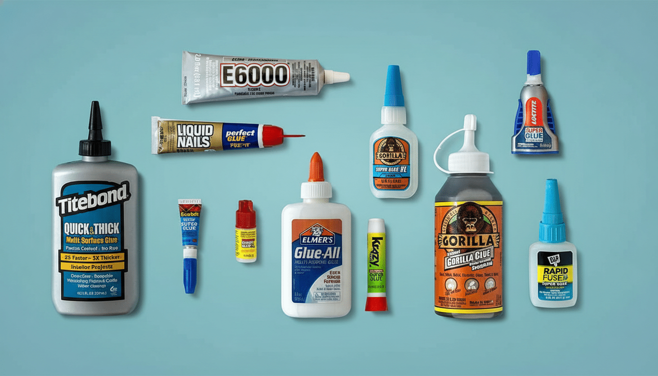 A collection of various glue products, including bottles and tubes, arranged on a light blue background.