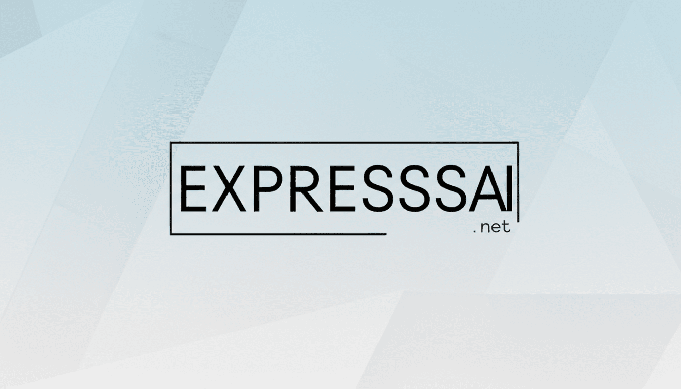 The Expresssai.net logo, featuring the word EXPRESSSAI in a clean, sans-serif font, enclosed in a thin black rectangle, with .net in a smaller font below and to the right. The background is a professional flat design with soft blue and white gradients and subtle geometric patterns.