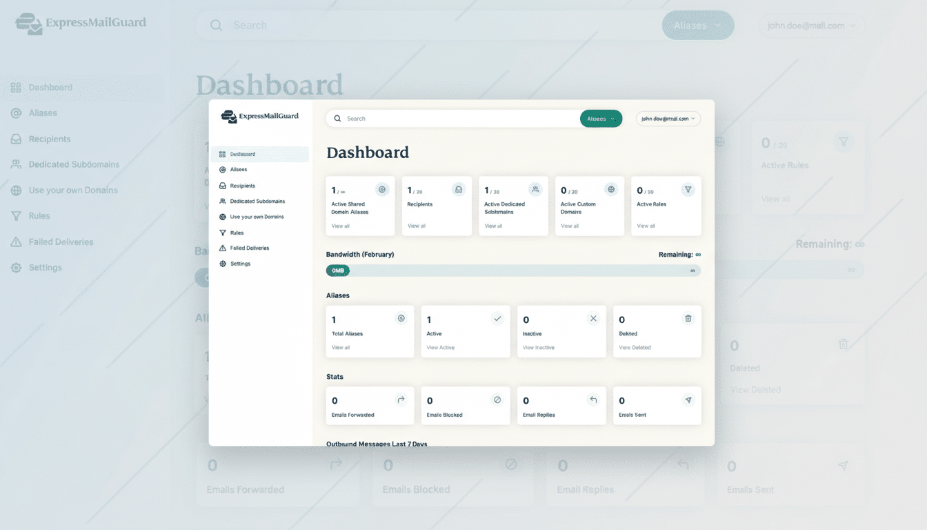 A professional, enhanced image of the ExpressMailGuard dashboard, resized to a 16:9 aspect ratio. The dashboard displays various statistics and options related to email management, including aliases, recipients, subdomains, custom domains, and active rules. The background has been subtly changed to a professional flat design with soft patterns, while the main dashboard interface remains unchanged and original.