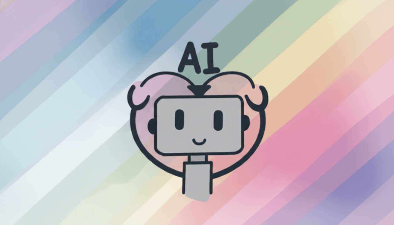 A 16:9 aspect ratio image featuring a cartoon robot head with the letters AI above it, set against a background of soft, diagonal pastel stripes.