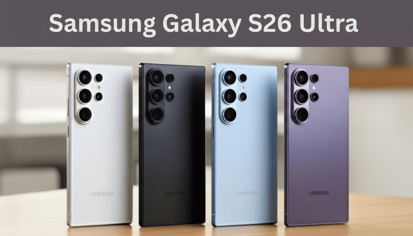 Four Samsung Galaxy S26 Ultra phones in white, black, light blue, and purple, displayed in a row with a blurred background.