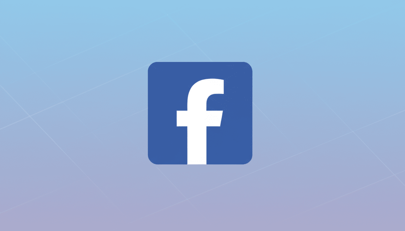 The Facebook logo, a white lowercase f on a blue square with rounded corners, centered on a professional flat design background with soft blue and purple gradients and subtle geometric patterns.