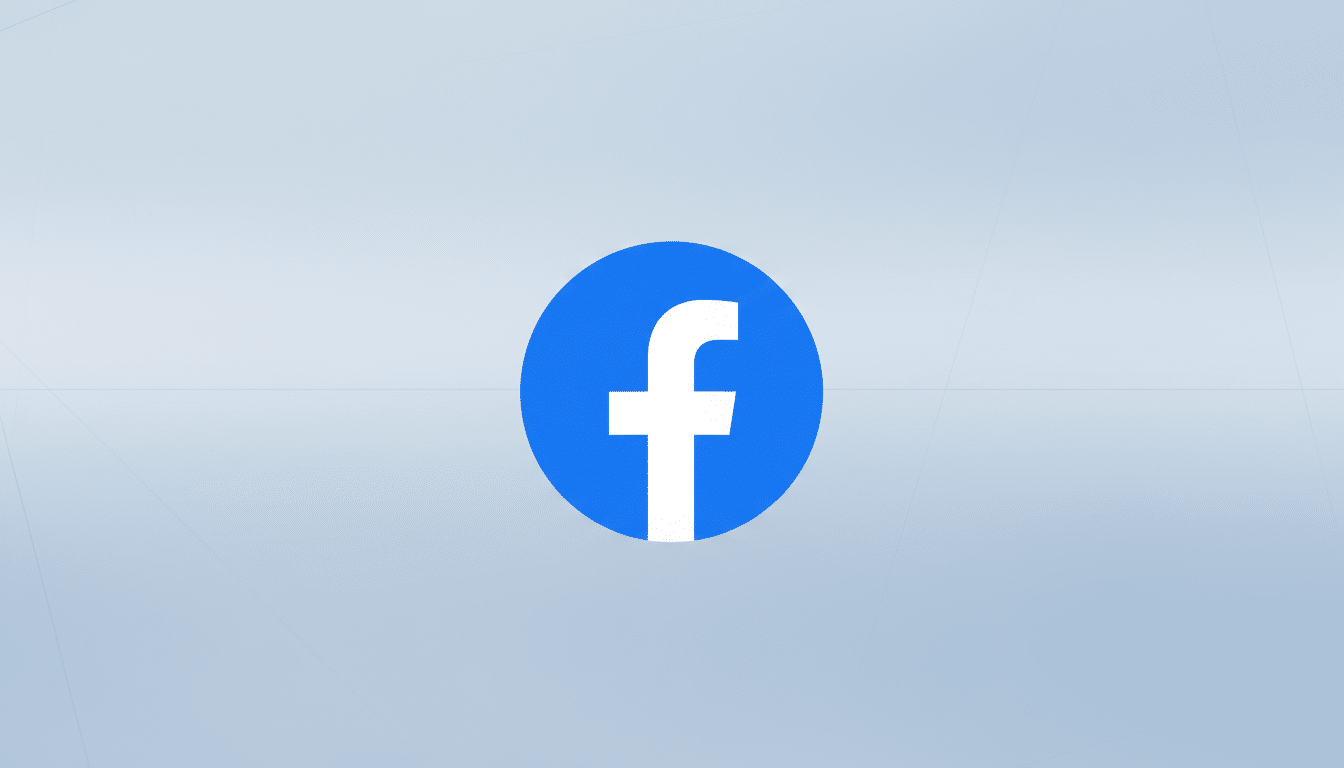 The Facebook logo, a white lowercase f on a blue circle, centered on a light blue background with subtle geometric patterns.