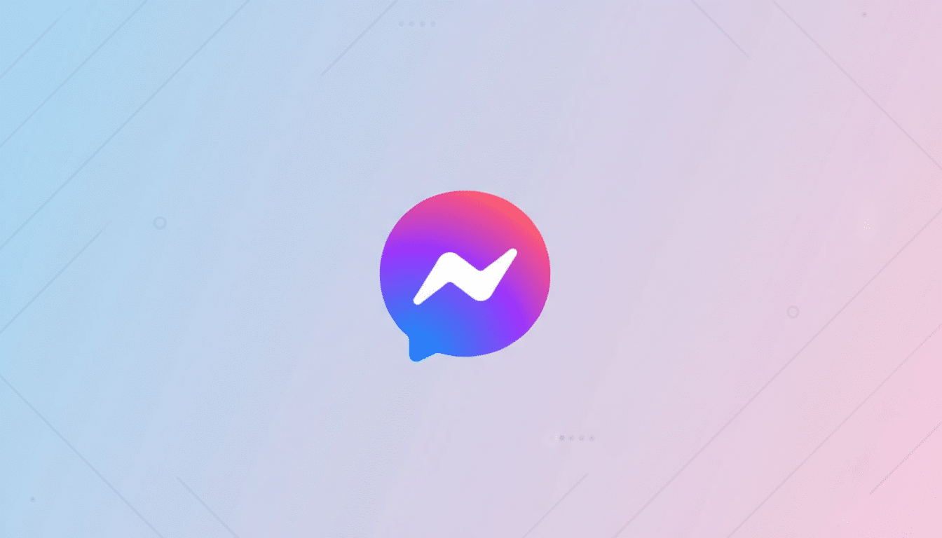 The Messenger app logo, a white lightning bolt on a gradient purple-to-pink speech bubble, centered on a professional flat design background with soft blue and pink gradients and subtle geometric patterns.