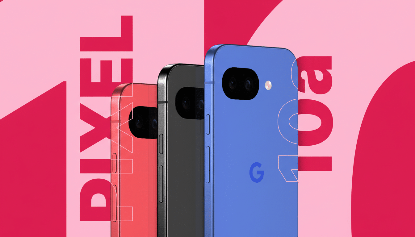 Three Google Pixel phones in red, black, and blue, arranged diagonally against a pink and red background with PIXEL and 10a text.