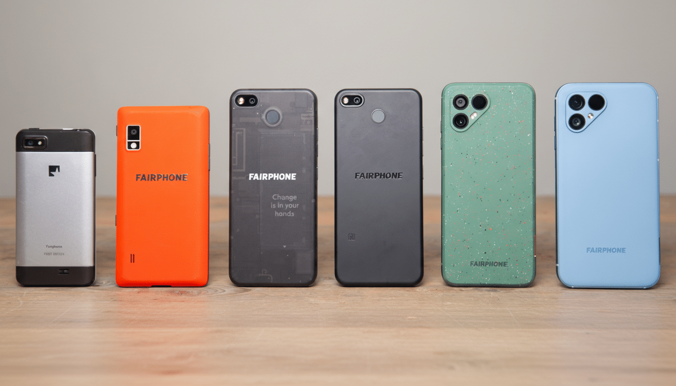 A row of six Fairphone models, showcasing the evolution of their design from the first edition to the latest models, with various colors and textures.