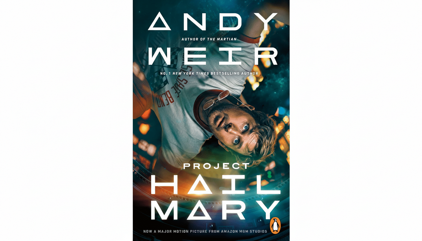 The book cover for Project Hail Mary by Andy Weir, featuring a man in a t-shirt with sunglasses hanging upside down, looking directly at the viewer, against a dark, futuristic background. The title and authors name are prominently displayed.