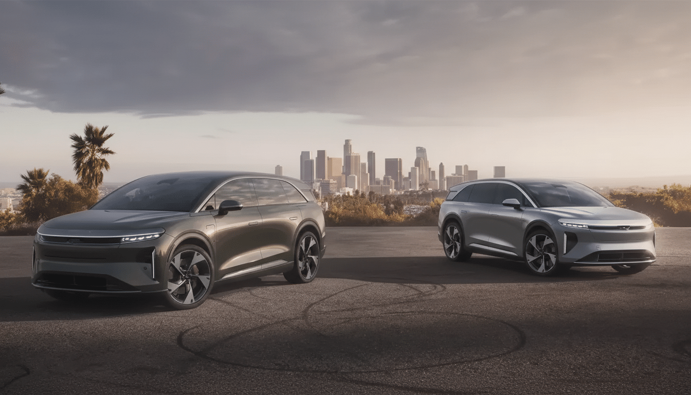 Two Lucid Gravity electric SUVs, one green and one silver, parked on an asphalt surface with a city skyline in the background.
