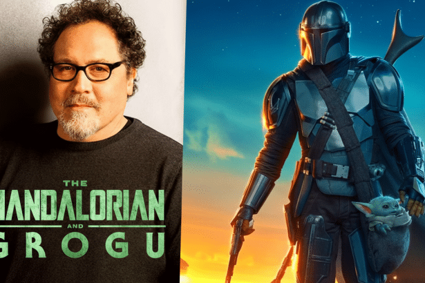 A split image featuring Jon Favreau on the left and The Mandalorian and Grogu on the right, resized to a 16:9 aspect ratio.