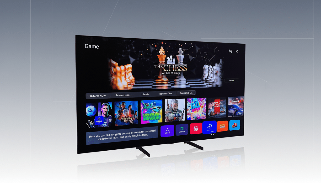 A large flat-screen television displaying a gaming interface with various game titles and streaming services, set against a professional flat design background with soft gradients.
