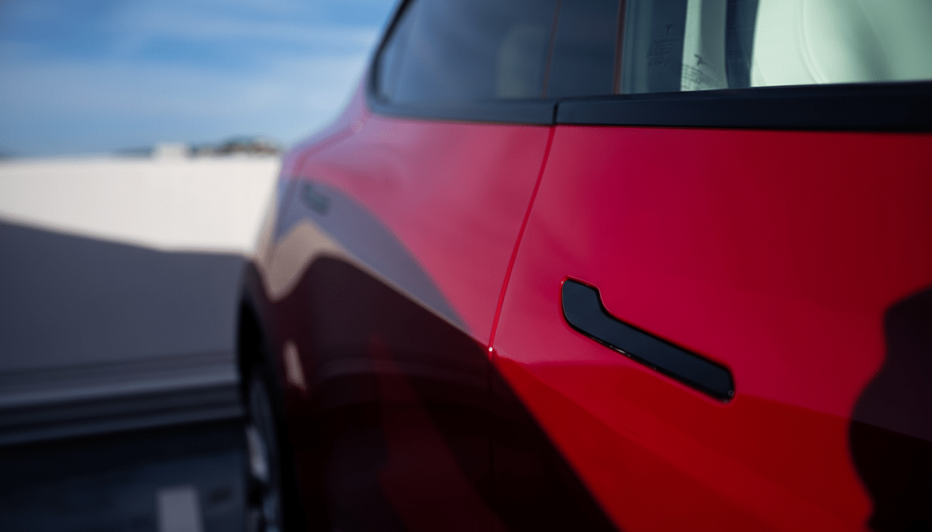 A close-up, eye-level shot of the side of a red Tesla, showcasing its sleek design and a black door handle. The car is parked outdoors under a bright sky, with a blurred background of a white building and blue sky.