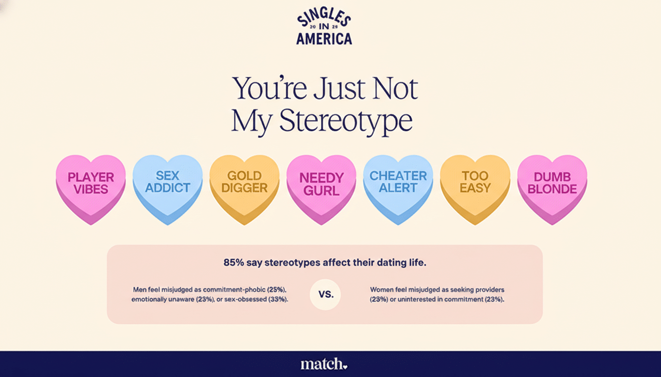 An infographic titled Youre Just Not My Stereotype from Singles in America 2020 by Match. It features seven heart-shaped candies with negative dating stereotypes like Player Vibes, Sex Addict, and Dumb Blonde. Below, it states 85% say stereotypes affect their dating life, with statistics on how men and women feel misjudged.